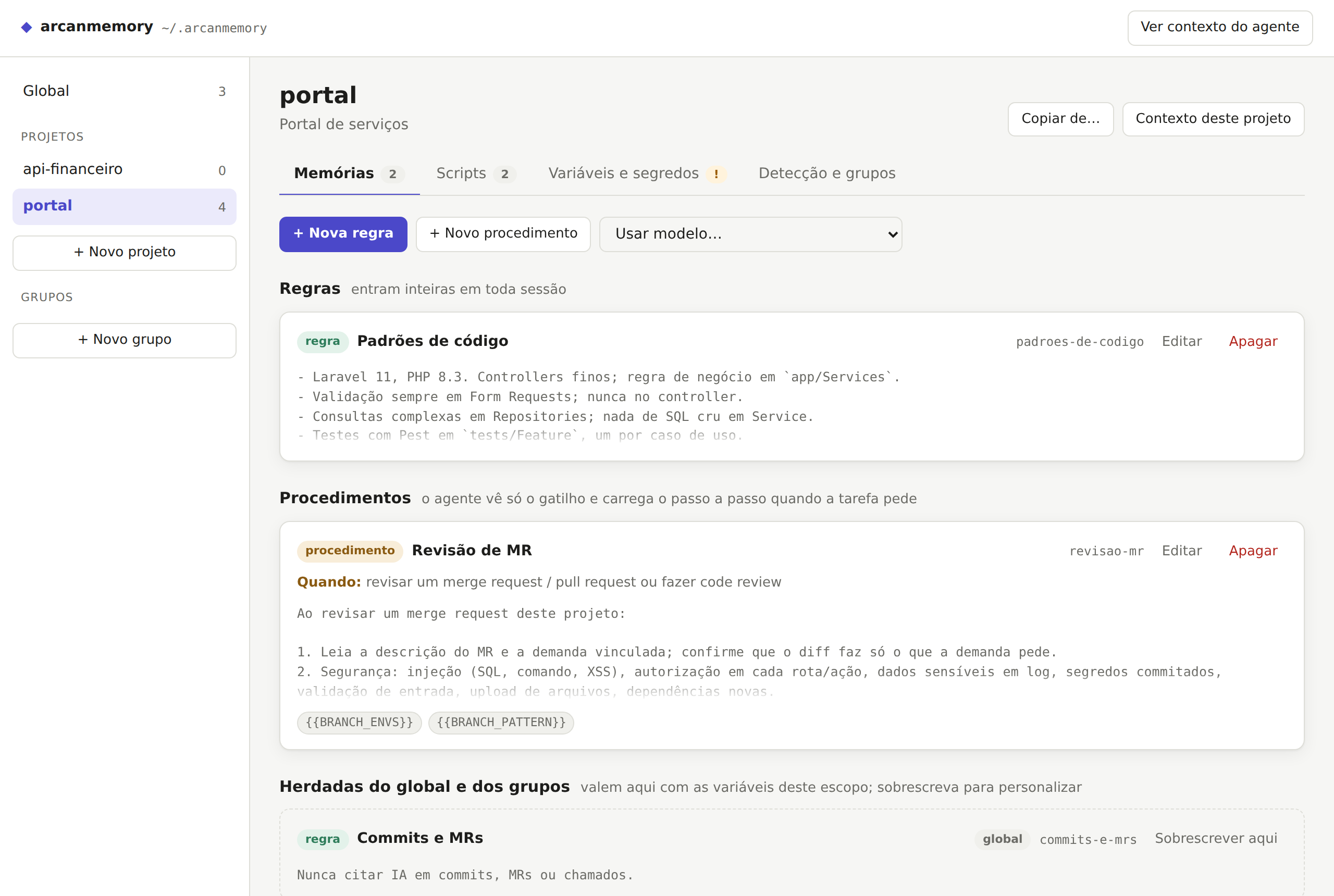 Painel do arcanmemory com as regras, os procedimentos e as memórias herdadas de um projeto